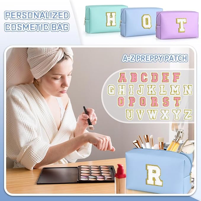 TOPEAST Birthday Gifts for Women, Personalized Initial Makeup Pouch Leather Waterproof Cosmetic Bag Birthday Gifts for Women (Sky Blue A)