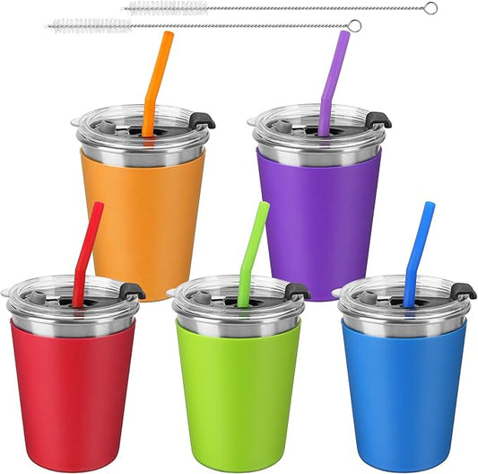 ShineMe 5Pack Kids Cups with Straws and Lids Spill Proof, 12oz Toddler Straw Cups with Colorful Silicone Sleeves, Unbreakable Stainless Steel Water Tumblers for Cold & Hot Drinks