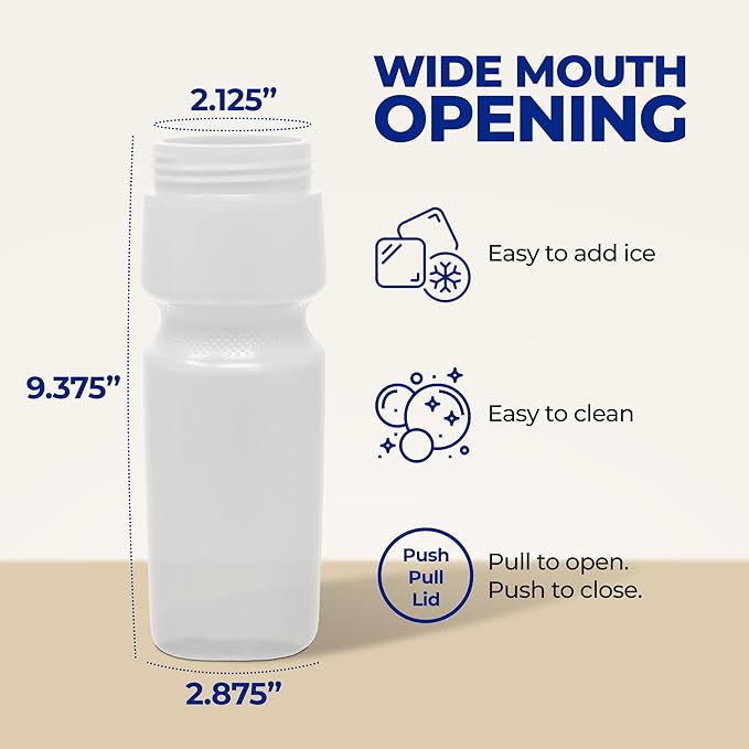 Rolling Sands USA Made Reusable 24 oz Sports Water Bottles, 3 Pack, BPA-Free, Easy Open Pull-Top, Fits Most Bike Cages, Dishwasher Safe, Lightweight - for Kids to Adults, Clear Frost