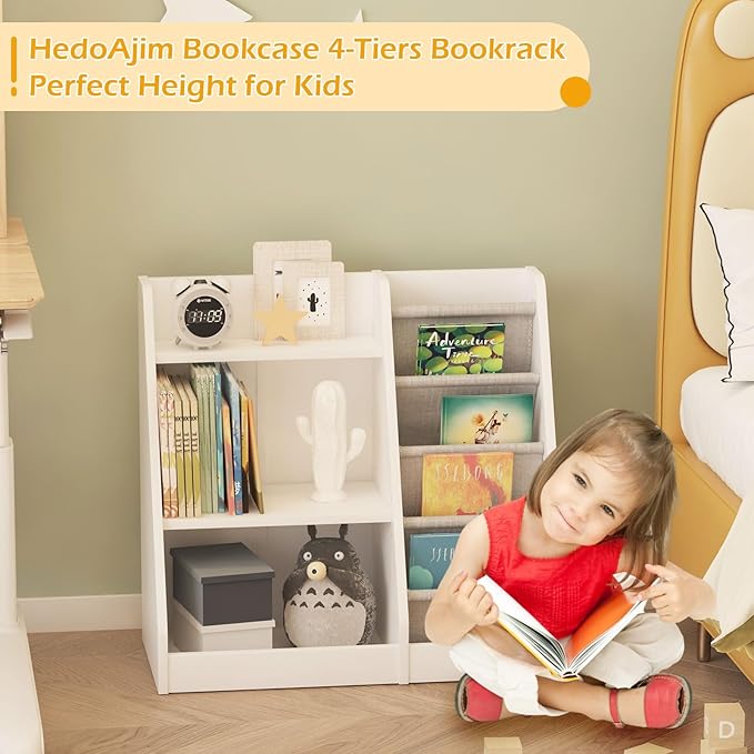 White Kids Bookshelf Wood Toy Storage Organizer Cabinet Children Bookcase Toddler Baby Sling Book Rack Adjustable Shelf for Playroom Bedroom Nursery Hallway School Kindergarten