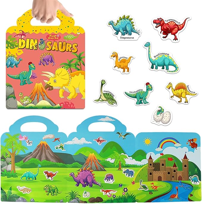 Reusable Sticker Books for Kids, Travel Removable Toddler Dinosaur Sticker Books for 3 4 5 Year Old Girls Boys Birthday Gifts Educational Learning Toys