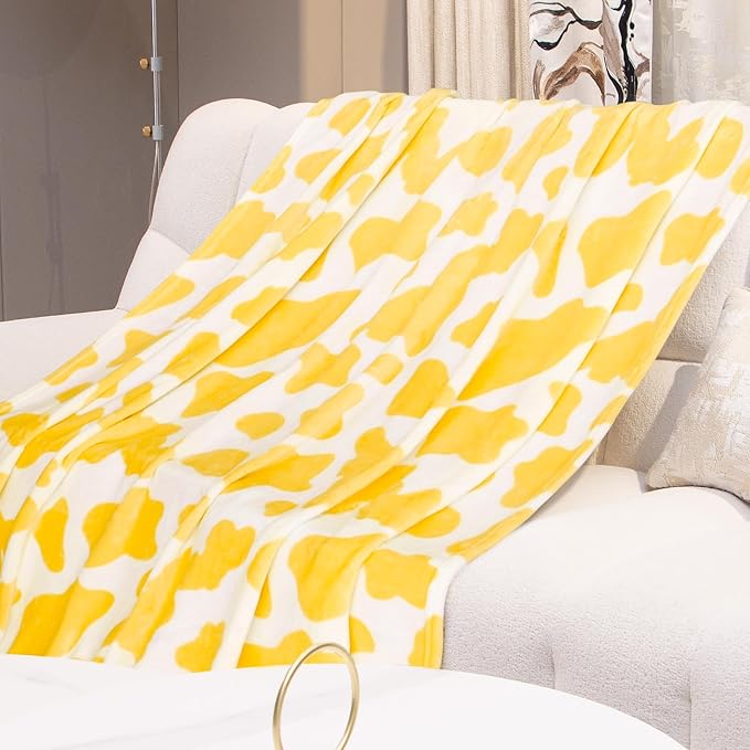 GEULAY Twin Size Fleece Blanket for Bed - Bright Lemon Yellow Cow Print Plush Cozy Throw for Couch, Bedroom, Living Room, Home Decor, Teens