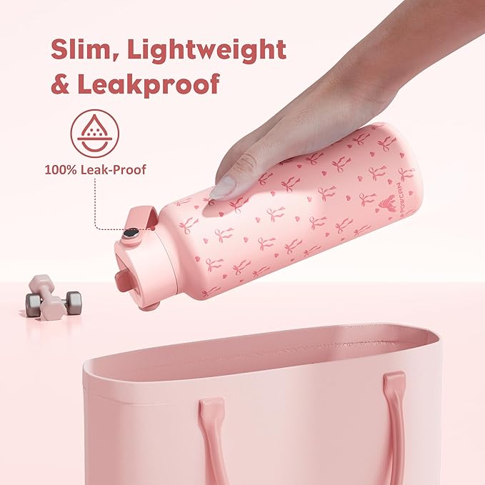 POWCAN 18 oz Insulated Water Bottle: Leakproof, Cup Holder Friendly, Standard Mouth, Top Handle, Double Walled Stainless Steel Water Bottle for Girl, Student, School, Bag, Camping (Sweetheart Bow)