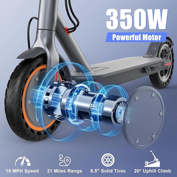 Electric Scooter, Folding E Scooter for Adults with Seat, 350W Motor, 8.5" Tire, 19MPH, 21Mile Long Range Lightweight Teens Commuting Sit Down Escooter with App, Bluetooth, Dual Brake (Seat Optional)