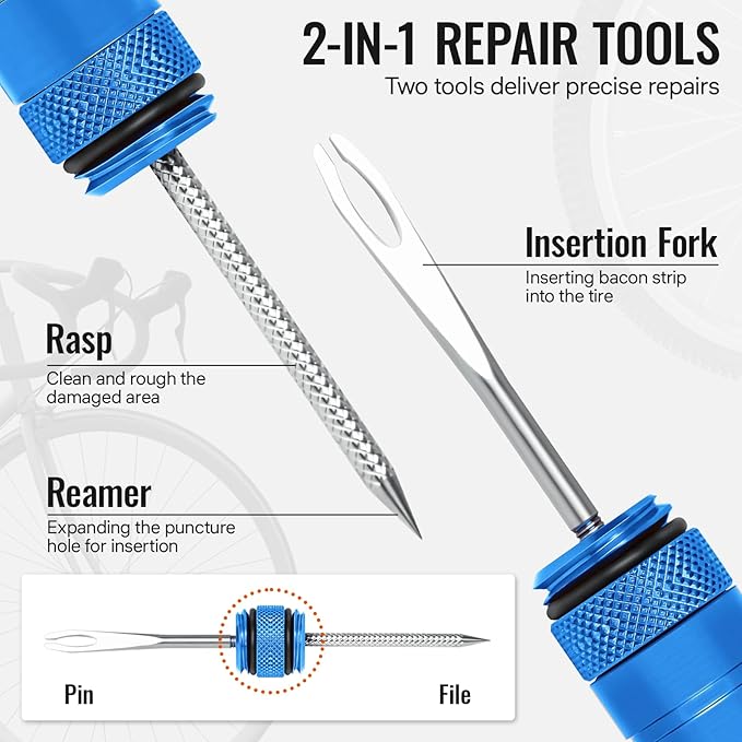 BWSHLF Tubeless Bike Tire Repair Kit for Mountain Bikes & Road Bicycles, Tubeless Tire Plug Kit with Storage Canister, Reamer, Insertion Fork, 10 Bacon Strips, Fix a Puncture or Flat, No Glue Needed