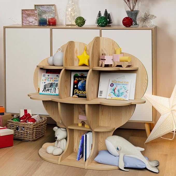 Natural Wood Tree Kids Bookshelf Toddler Bookcase 4-Tier Baby Book Rack Children Toy Storage Organizer Forest Wood Display Shelf Nursery Playroom Bedroom Classroom School Homeschooling Boy Girl’s Gift