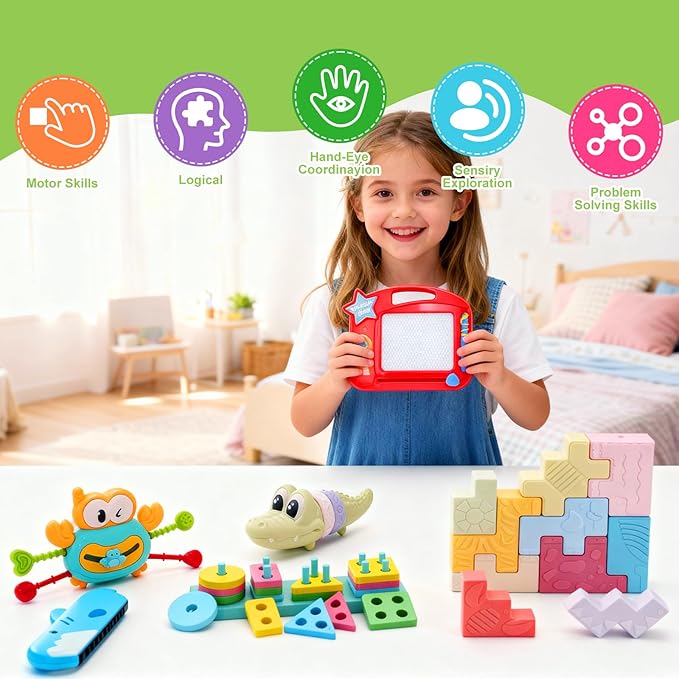 8-in-1 Montessori Baby Toys for 6-12 Months,Babies Travel Toy Set with Stacking Blocks, Pull Teether, Sensory Shape Sorter, Drawing Board & Harmonica, Infant Learning Gift for Toddler 1-3 Year Old