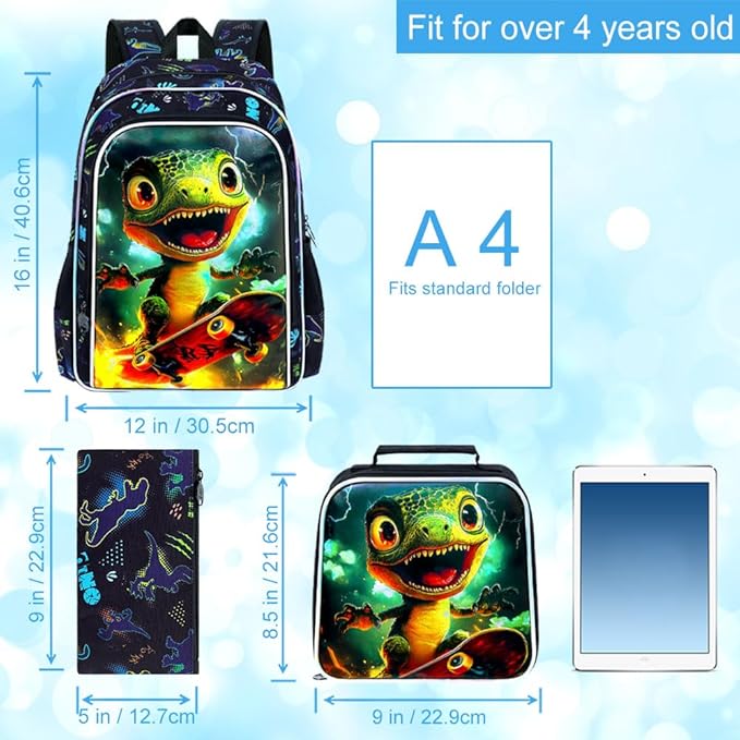 3Pcs Dinosaur Backpack for Boy, 16" Bookbag with Lunch Box, Kids School Backpacks for Elementary Preschool Kindergarten (Black)