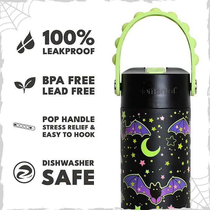 Elemental Insulated Kids Water Bottle, Stainless Steel Water Bottle with Straw Lid & Pop-It Handle, Leak-Proof Water Bottles for School, Boys or Girls, Travelling and Sports, 18oz - Glow Bats