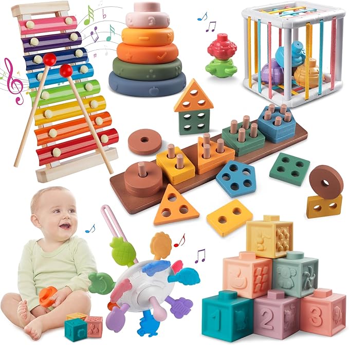 Montessori Baby Toy Sorting Stacking Learning Toys Wooden Building Blocks, Xylophone Musical, Infant Teethers Toys for Baby, 6 in 1 Toy Birthday Gifts for Toddlers