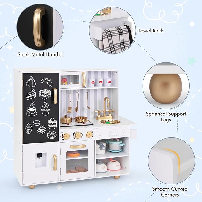 HONEY JOY Kids Kitchen Playset, Wooden Little Chef Pretend Play Kitchen Set w/Chalkboard & Water Dispenser, Lighted Stove, Storage Cabinet, Utensils, Play Kitchen for Toddlers, White + Golden