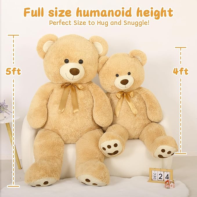 MorisMos 5ft Giant Teddy Bear Stuffed Animal, Large Stuffed Bear with Footprints, Big Life Size Teddy Bear Plush Gifts for Wife, Girlfriend, Women on Valentine, Christmas, Birthday