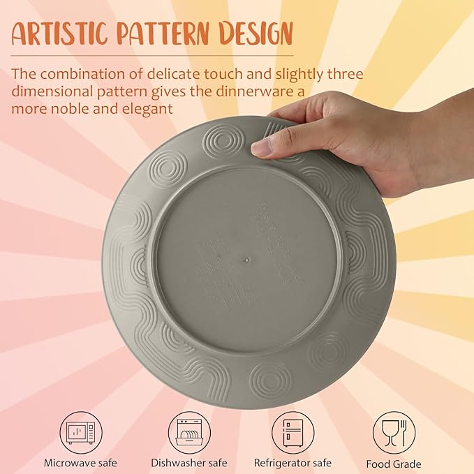 40 PCS Wheat Straw Dinnerware Set | Service for 8 Plastic Dishes Set Unbreakable Plates and Bowls Sets, Drinking Glasses, Dishwasher and Microwave Safe Dish Set for KItchen - Gray Stone