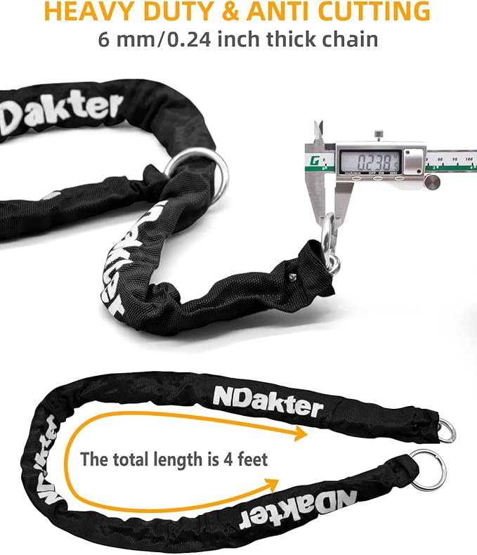 NDakter Bike Locks Heavy Duty Anti Theft 18mm Thick, Motorcycle U Lock with 4FT x 6mm Moped Chain, 3Keys Large U-Shape Electric Bicycle Wheel Lock for Ebike, Escooter, Fat-Tire Dirt-Bike, Tricycle