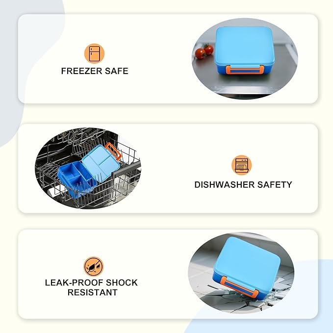 Bento Lunch Box for Kids with Thermos, Leakproof Bento Box with 8oz Insulated Food Jar, Insulated Bottle, Lunch Bag, BPA Free Dishwasher Safe 4 Compartment Container for School Girls Boys (Blue)