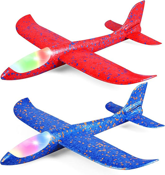 2 Pack LED Light Airplane,17.5" Large Throwing Foam Plane,2 Flight Mode Glider Plane,Flying Toy for Kids,Gifts for 3 4 5 6 7 8 9 Years Old Boy,Outdoor Sport Toys Birthday Party Favors Foam Airplane
