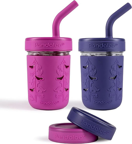 Pandaloo® Mason Jar Toddler Cup - 8 oz Spill-Proof Glass Tumbler with Silicone Straw and Lid, Non-Slip Sleeve, BPA-Free Toddler Snack Cups - Perfect Smoothie Cups with Lids and Straws for Kids