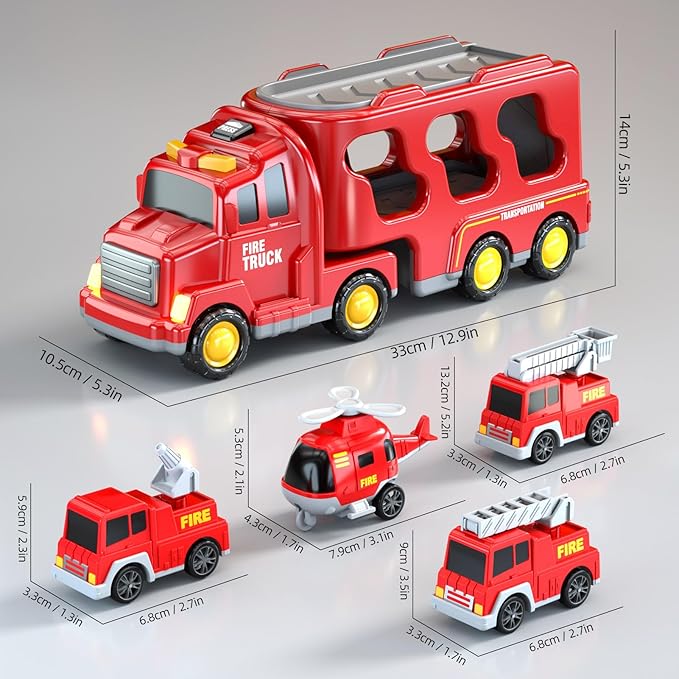 5 in 1 Fire Truck Cars for Toddlers 3-5, Boy Car Truck Toys with Light Sound, Birthday Gifts for 3 4 5 6 Year Old Boy