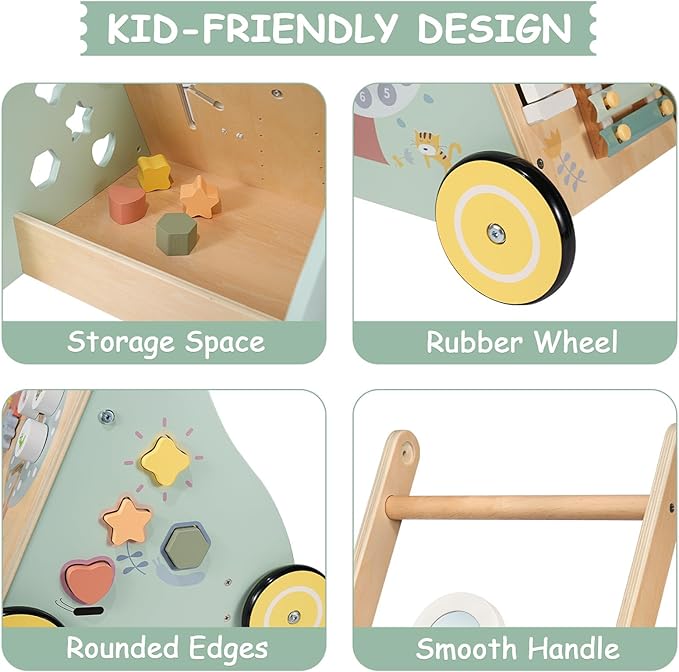 Wooden Baby Walker, Multiple Learning Activities Center Develops Motor Skills for Infant to Toddler, Push and Pull Walkers with Wheel for Boys Girls