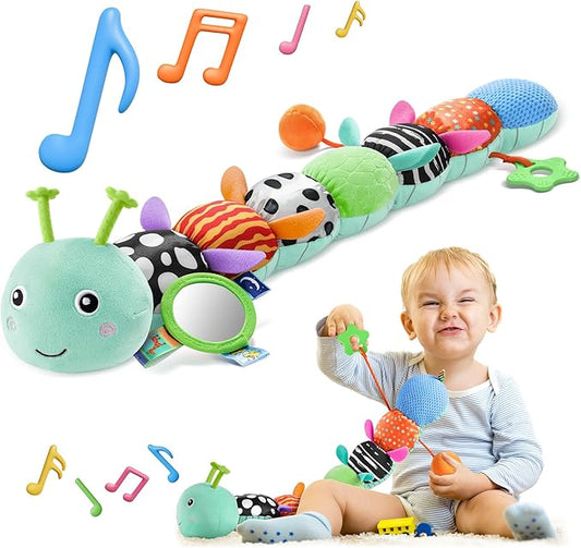 HEMRLY Baby Sensory Toy 0-6 Months, Musical Stuffed Caterpillar Plush with Teether, Crinkle, Rattle, Baby Mirror for Tummy Time, Infant Car Seat Toy for 0-3-6-12 Month Boys Girls Gifts - Leaf Blue