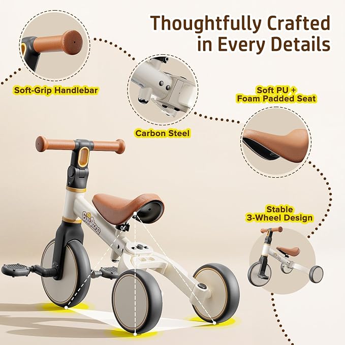 5-in-1 Toddler Bike, Kids Balance Bike & Ride-On Tricycle for 18 Months to 4 Years, Outdoor and Indoor Gift Bike for 1-3 Year Old, Birthday Present Toy for Boys & Girls, White