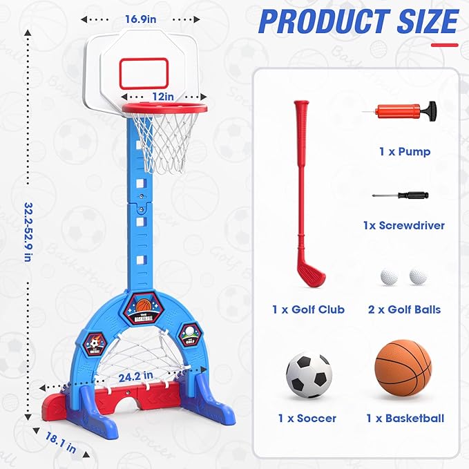 Toddler Basketball Hoop, 3-in-1 Sports Activity Center with Soccer Goal, Golf Game, 5 Height Adjustable Kids Basketball Hoop, Indoor Outdoor Playset Toys Gifts for Boys Girls 3-5, Blue
