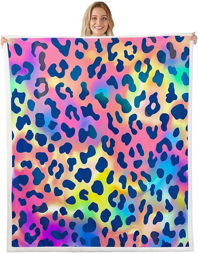 Leopard Print Sherpa Throw Blanket - Africa Cheetah Fleece Rainbow Design Plush Room Decor Safari Animal Pattern Fuzzy for Sofa Bed Couch, 50x60 Inch