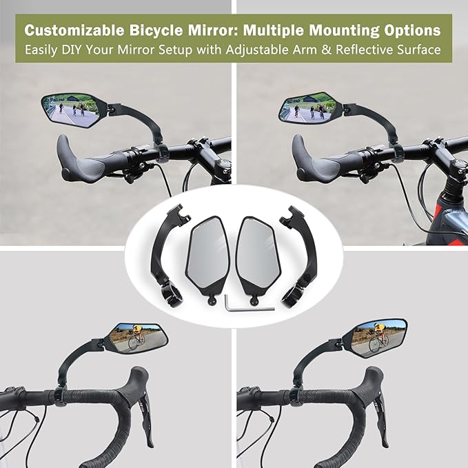 Adjustable Handlebar Bike Mirror, Shatterproof HD Glass Lens, Universal Fit Rearview Bicycle Mirrors, 360° Rotatable, Compatible with Mountain Bikes, E-bikes, Road Bikes(1 Pair)