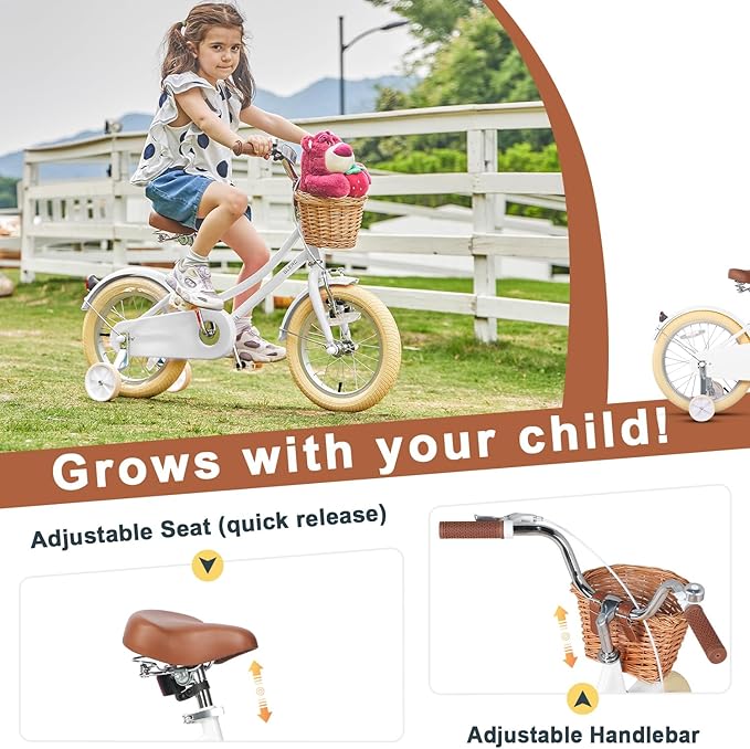 Glerc Little Molly 12-20 Inch Kids Retro Cruiser Bike for 2-13 Year Old with Wicker Basket & Training Wheels/Kickstand, Multiple Colors