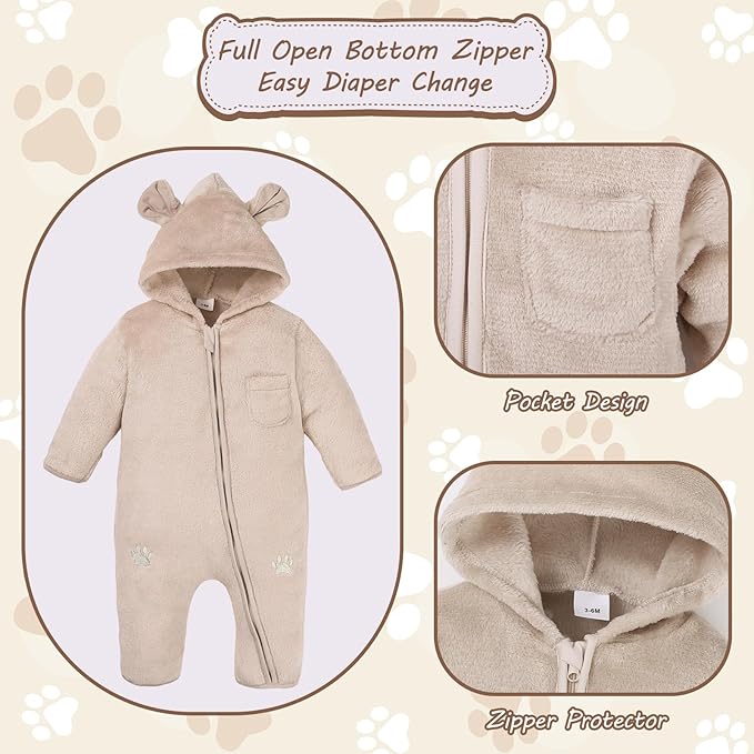 Newborn Snowsuit Baby Boy Bear Outfit Infant Girls Fleece Warm Jumpsuit Romper Winter Hooded Clothes