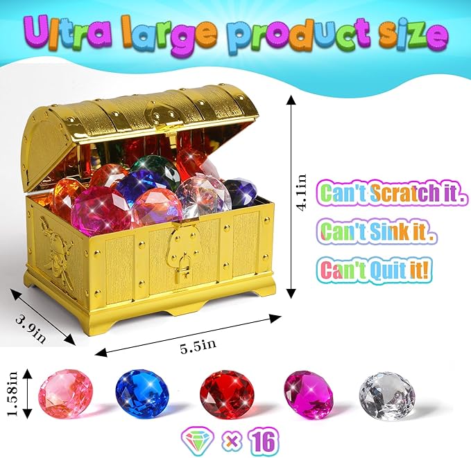 Diving Gems Pool Toys for Kids with Treasure Pirate 16PCS Big Colorful Diamond Jewels, Treasure Chest Dive Pool Gems Toy for Diving Underwater Swimming, Beach, Kids Party Favors Decors.