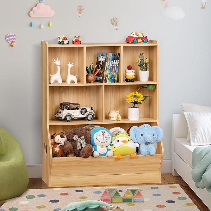 Lerliuo Kids Toy Storage Organizer, 3 Tier Children Small Bookcase and Bookshelf, Toddler 7 Cubby Toy Storage Cabinet, Toy Shelf for Playroom, Bedroom, Living Room, Nursery, School 29.53'' H (Natural)