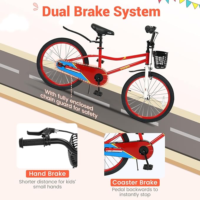 BABY JOY Kids Bike, 12 14 16 18 20 Inch Children Bikes for Boys Girls Teens 3-8 8+ Years w/Training Wheels or Kickstand, Handbrake, Coaster Brake & Removable Basket, Kids Bicycle of Multiple Colors