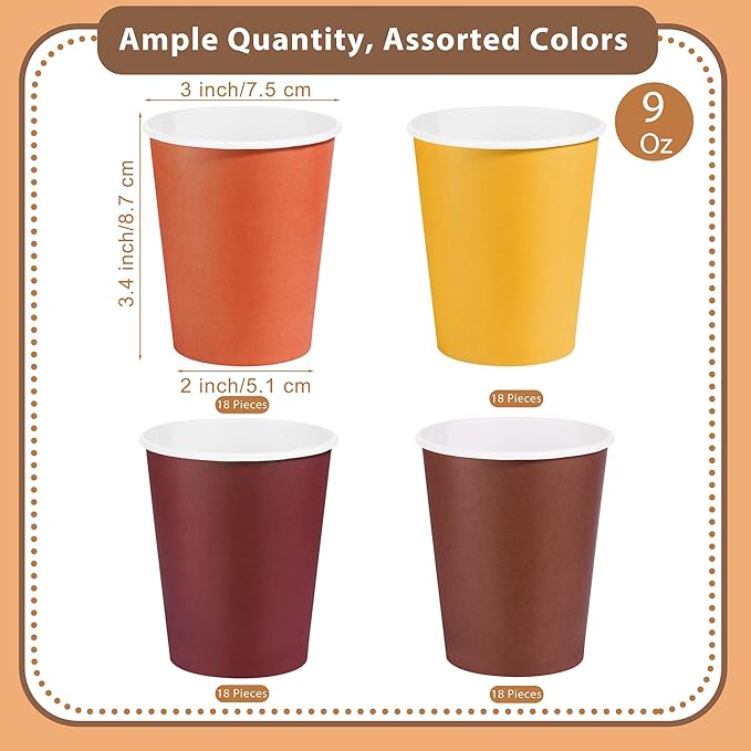 72 Pieces Thanksgiving Fall Paper Cups 9 Oz Disposable Coffee Paper Cups Autumn Party Cup Beverage Drinking Cup for Autumn Harvest, Party, DIY, and Picnic (Yellow, Orange, Brown, Dark Purple)