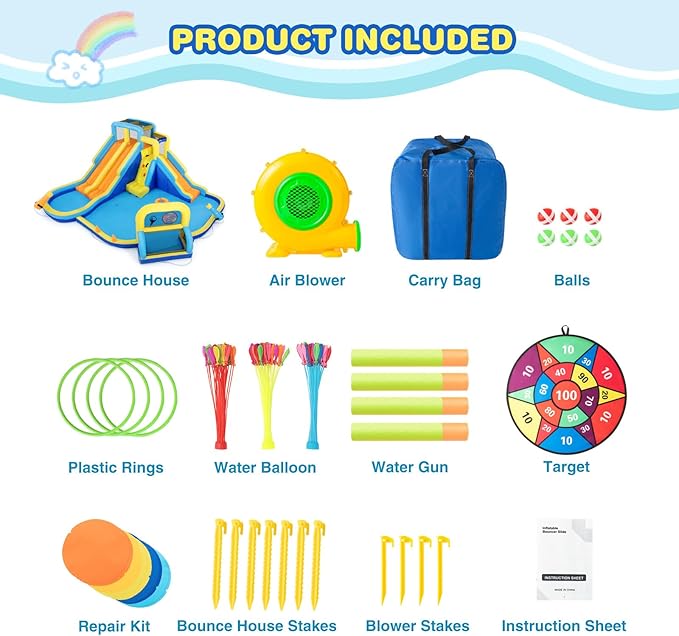 JOYLDIAS Inflatable Water Slide,Water Park Bounce House,Three Slide Bouncer Castle Playhouse w/Splash Pool, Climbing Wall, Felt Ball Target, Ring Toss Game, Goal for Kids Outdoor Fun, 680W Air Blower