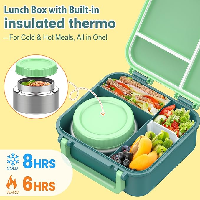 Bento Lunch Box for Kids with 9oz Thermo, Leak-proof Lunch Containers with 3 Compartments,Kids-friendly Size,Durable/Dishwasher Safe Lunch Box for School Outdoors-Green