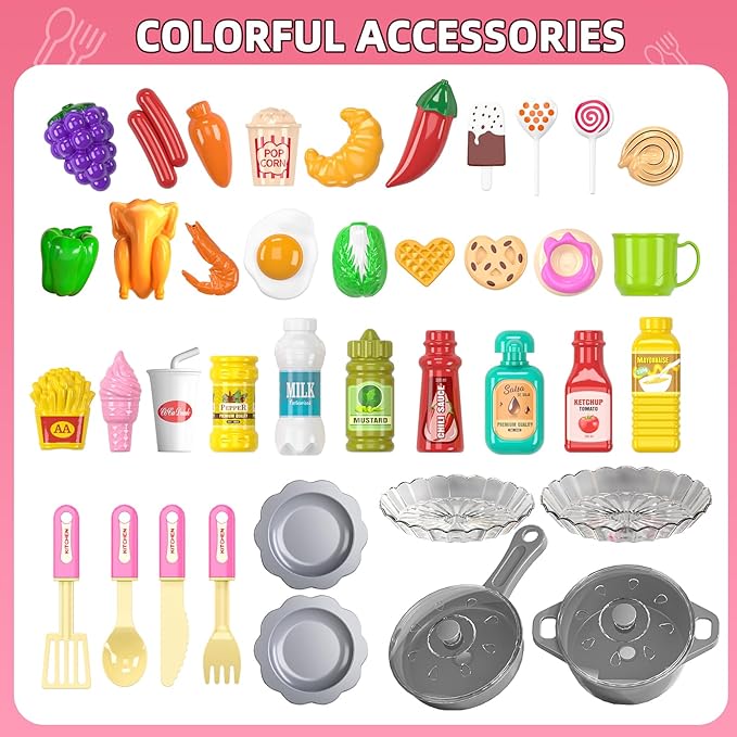 36 in Kids Kitchen Playset for Ages 2-6 4-8, Play Kitchen with Light, Sound and Spraying, Sink Toy Accessories, Cooking Stoves, Pretend Food Toys for Toddlers 1-3 3-5 Boys Girls 6-12 (Pink)