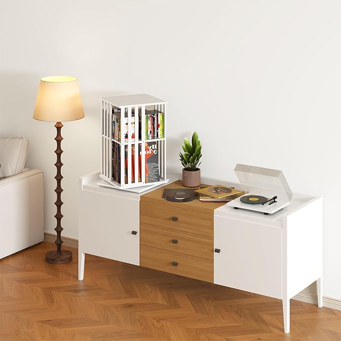 YOWOS Rotating Bookshelf Tower, 360 Display Spinning Bookcase, Bamboo Bookshelf Floor Standing Storage Rack, Wood Narrow Book Shelf Organizer for Kids&Adults (White, 2 Tier)