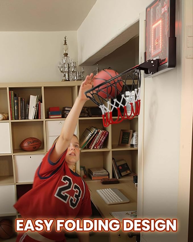 Indoor Basketball Hoop Pro, Mini Basketball Hoop Over The Door with LED Light/Scoreboard/4 Balls- Upgraded Anti-Impact Backboard, Basketball Toys Gift