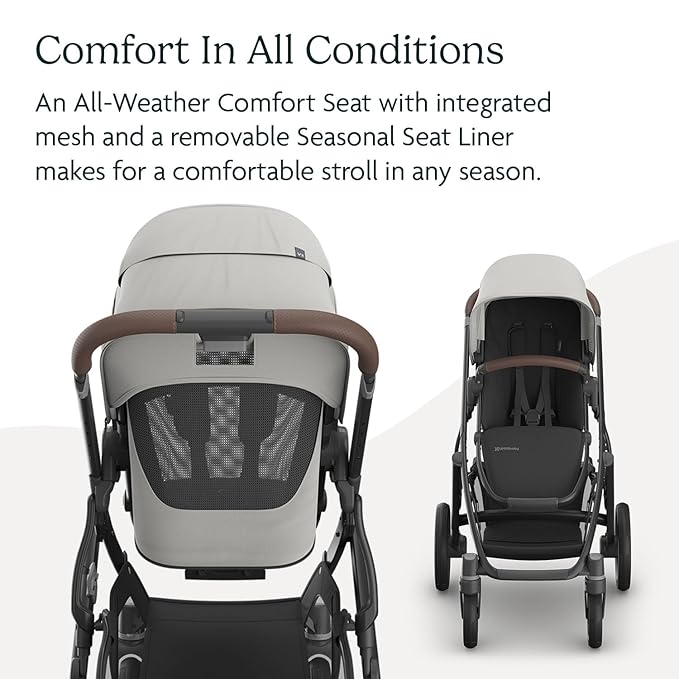 UPPAbaby Vista V3 Stroller - Full-Size Single-To-Double Stroller System - Toddler Seat, Bug Shield, Rain Shield, and Storage Bag Included - Savannah (Pearl Gray Jacquard/Carbon Frame/Chestnut Leather)