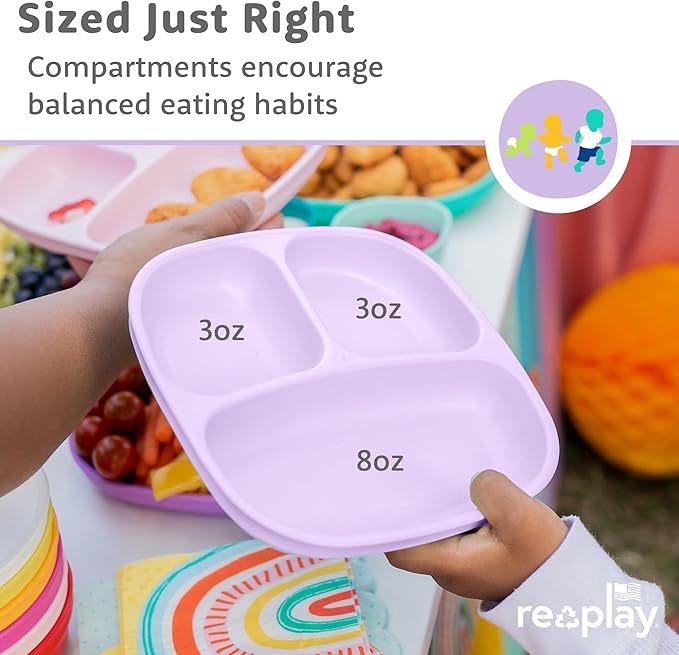 Re-Play Toddler Plates with Dividers - Deep-Walled 3 Compartments Divided Plates for Kids - Dishwasher & Microwave Safe - Made in USA - Set of 4-7.37" x 7.37" x 1.25" - Bubble Pop