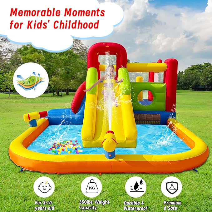 Bounce House Inflatable Water Slide for Kids, Water Park With Splash Pool, Double Cannon, 2 Climbing Walls, Obstacles, Blow Up Jumping Castle With Blower