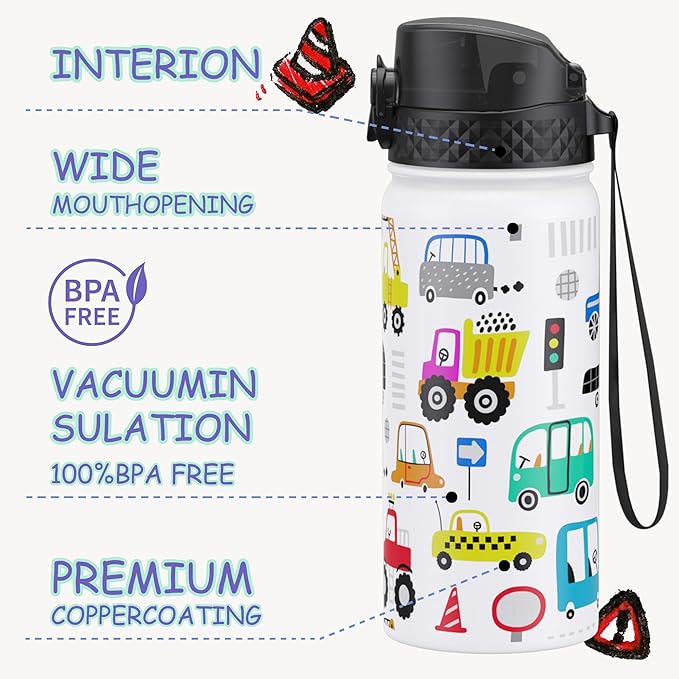 GOPPUS Kids Water Bottle (Straw Lid) - 18 Oz Stainless Steel Travel Bottle, Double Wall Vacuum Leak Proof Kids Cup for School Boys Girls,White engineering car