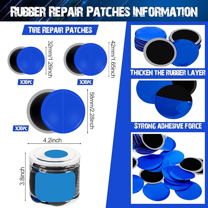 Tallew 90 Pcs Tire Patches Kit 32 mm 42 mm 58 mm Tire Repair Unit with Roller and Liner Scraper, Tube Patch Auto Repair Stitcher Tools for Car Truck Bike Motorcycle Wheel