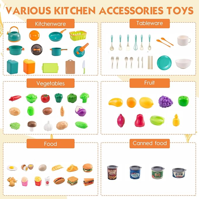118Pcs Mini Play Kitchen Accessories for Kids, Pretend Cooking Playset with Cookware, Tableware & 2 Fruit Sets, Learning Gift for Girls, Boys, Toddlers, Green