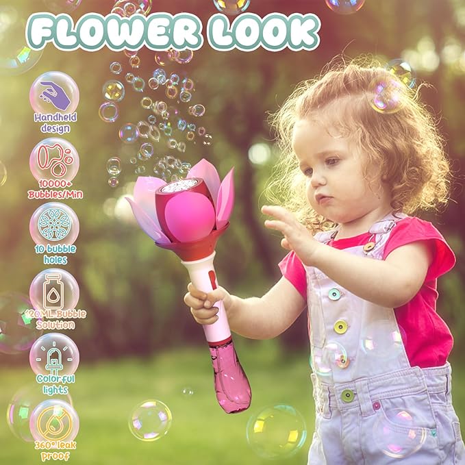 PANACARE Bubble Wand Blower for Kids Handheld Lotus Bubble Wand Automatic Bubble Machine with Battery/Light/10000+Bubbles/Bubble Solution Bubble Toy Gift for Girl Boys Party Weddings Outdoor Indoor