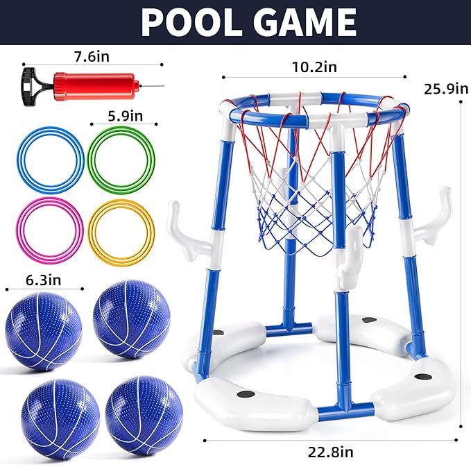 Pool Basketball Hoop, 2-in-1 Floating Pool Toys Ring Game with 4 Balls and Pump, Outdoor Swimming Pool Basketball Games Water Play Toy Family Party for Kids Adults Age 3-12 (Blue)