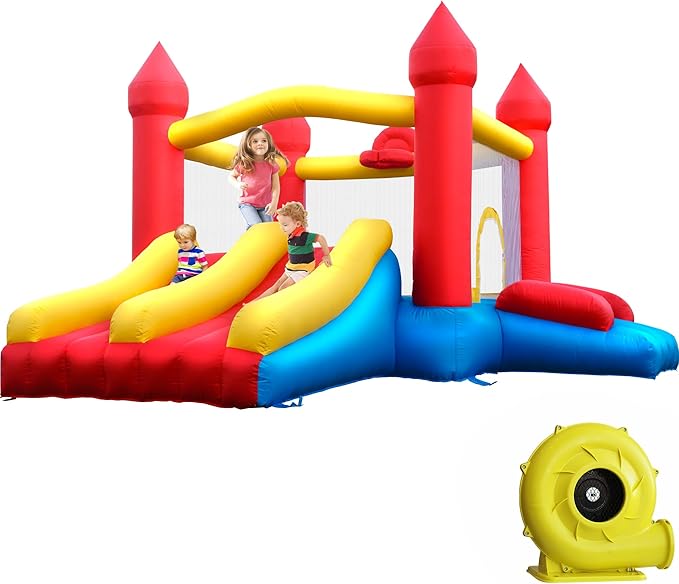 Dual Slide Bounce House, Inflatable Bouncy Castle with Blower, 5in1 Indoor Outdoor Children's Bouncer Jumper Playhouse w/Basketball Rim and Carry Bag, for Kids 3-12 (12‘D x 10’W x 6.7‘H)