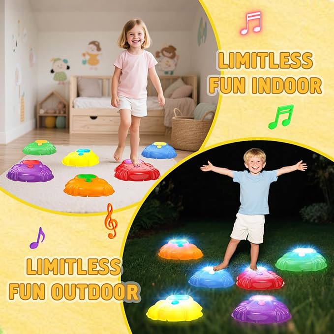 Light up & Sound Stepping Stones for Kids, 6PCS Crab Balance River Stones, Obstacle Course Indoor & Outdoor, Toddlers Sensory Toy, Play Equipment Improve Coordination, Gifts for Boys Girls 3+