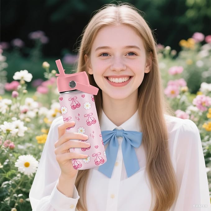 Cherry Gifts for Kids - 16oz Pink Kids Water Bottle with Straw Lid, Stainless Steel Insulated Tumbler, Leakproof, BPA-Free, for Girls, School, Travel - Cherry Lovers Children Birthday Gift Cup (1pc)